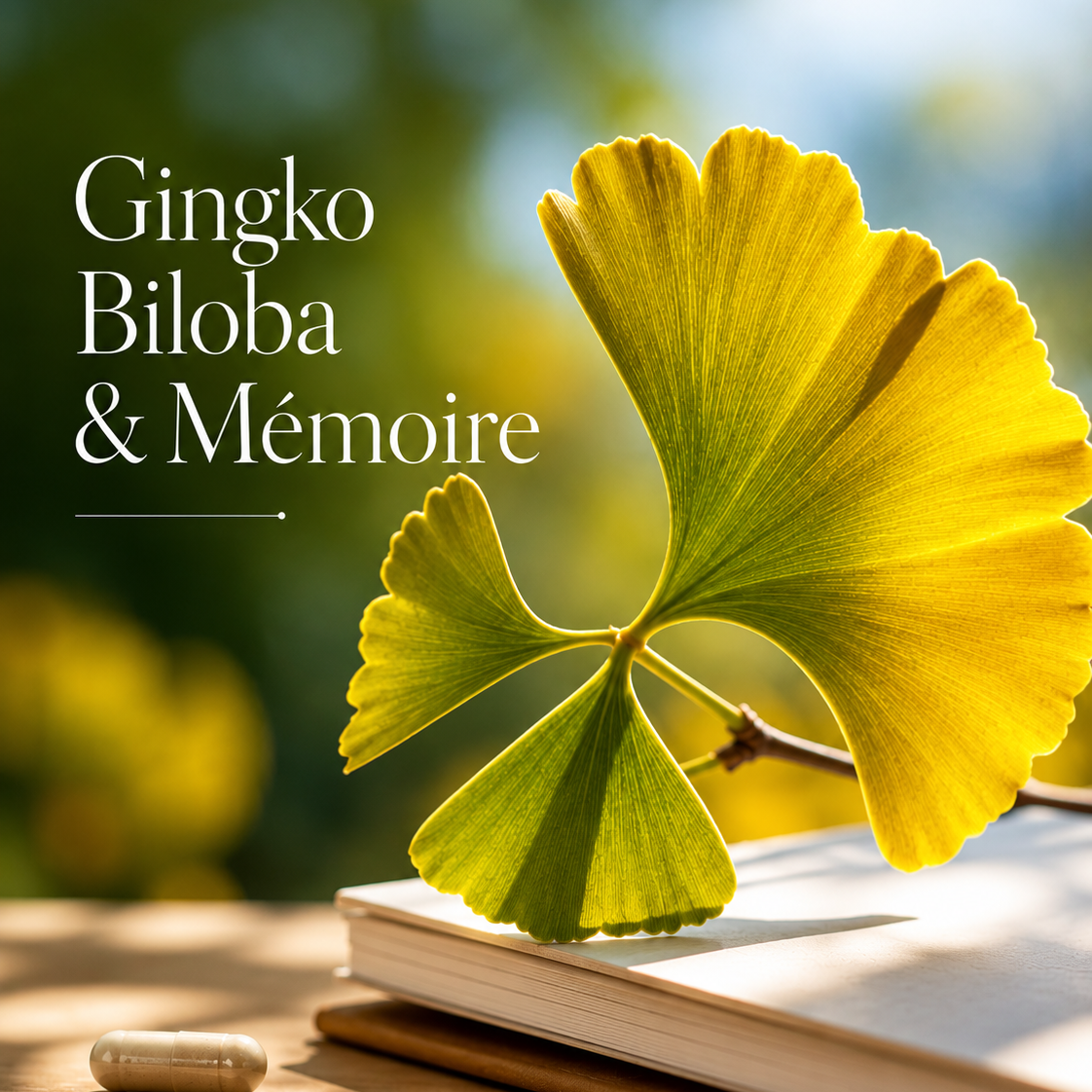 Feuille de ginkgo biloba dorée sur surface en bois, plante médicinale pour la mémoire et la concentration