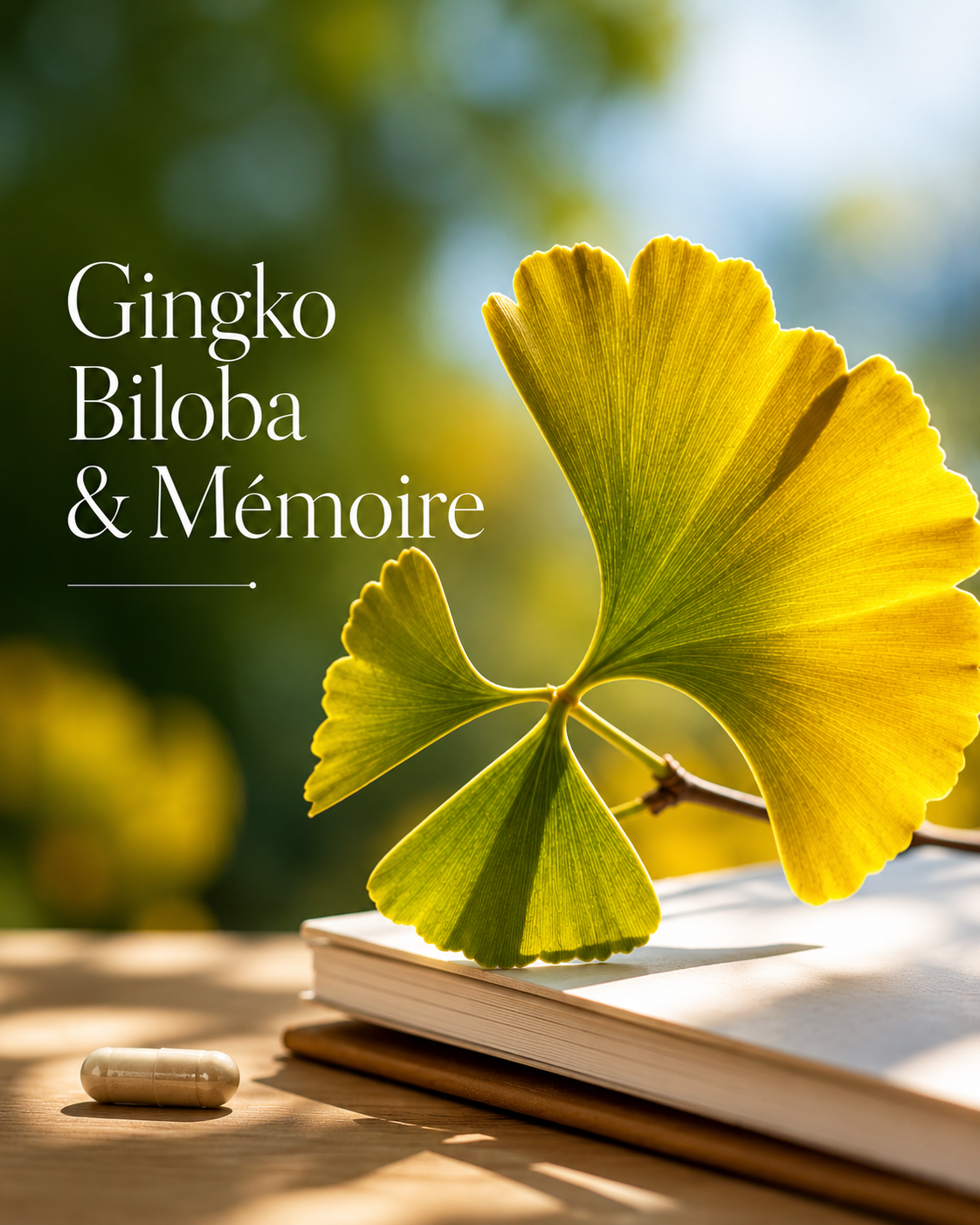 Feuille de ginkgo biloba dorée sur surface en bois, plante médicinale pour la mémoire et la concentration