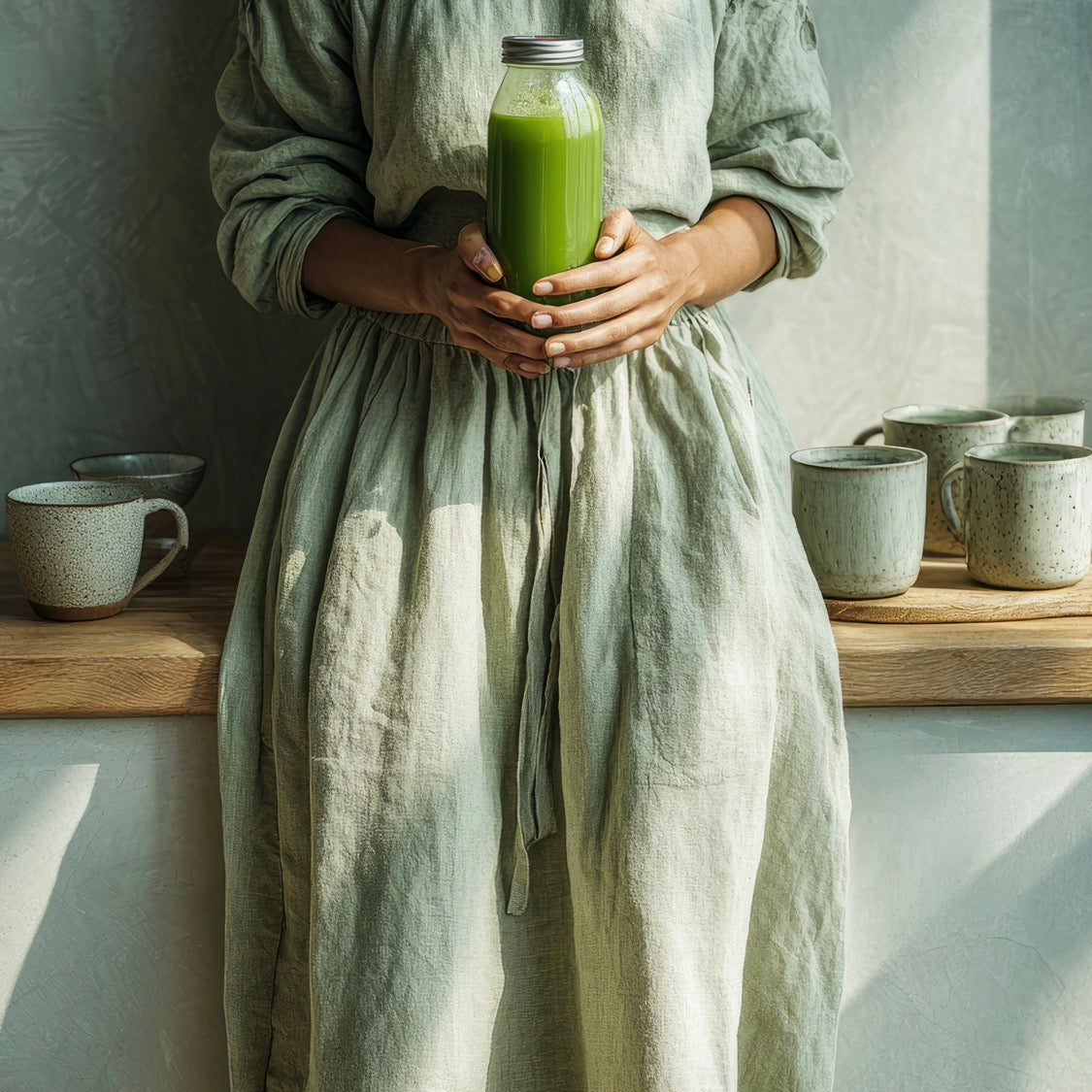 Femme tenant un jus vert, cure détox de printemps aux plantes médicinales Oterrapy