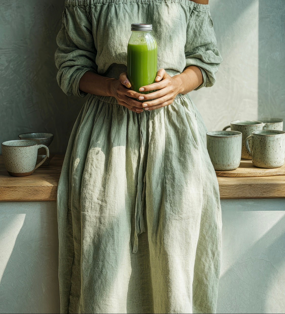 Femme tenant un jus vert, cure détox de printemps aux plantes médicinales Oterrapy
