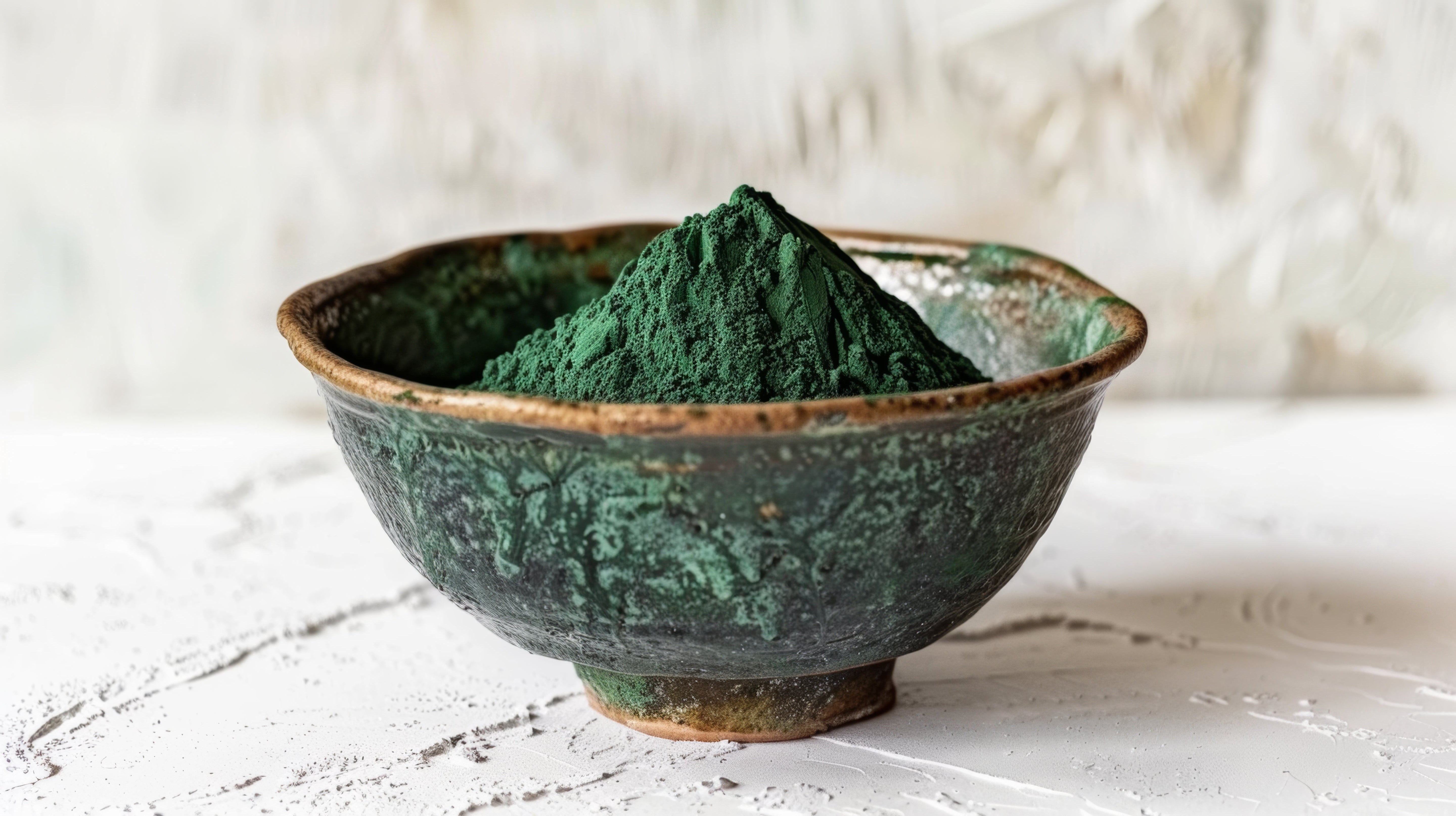 Poudre de spiruline verte dans un bol, superaliment riche en protéines et fer Oterrapy