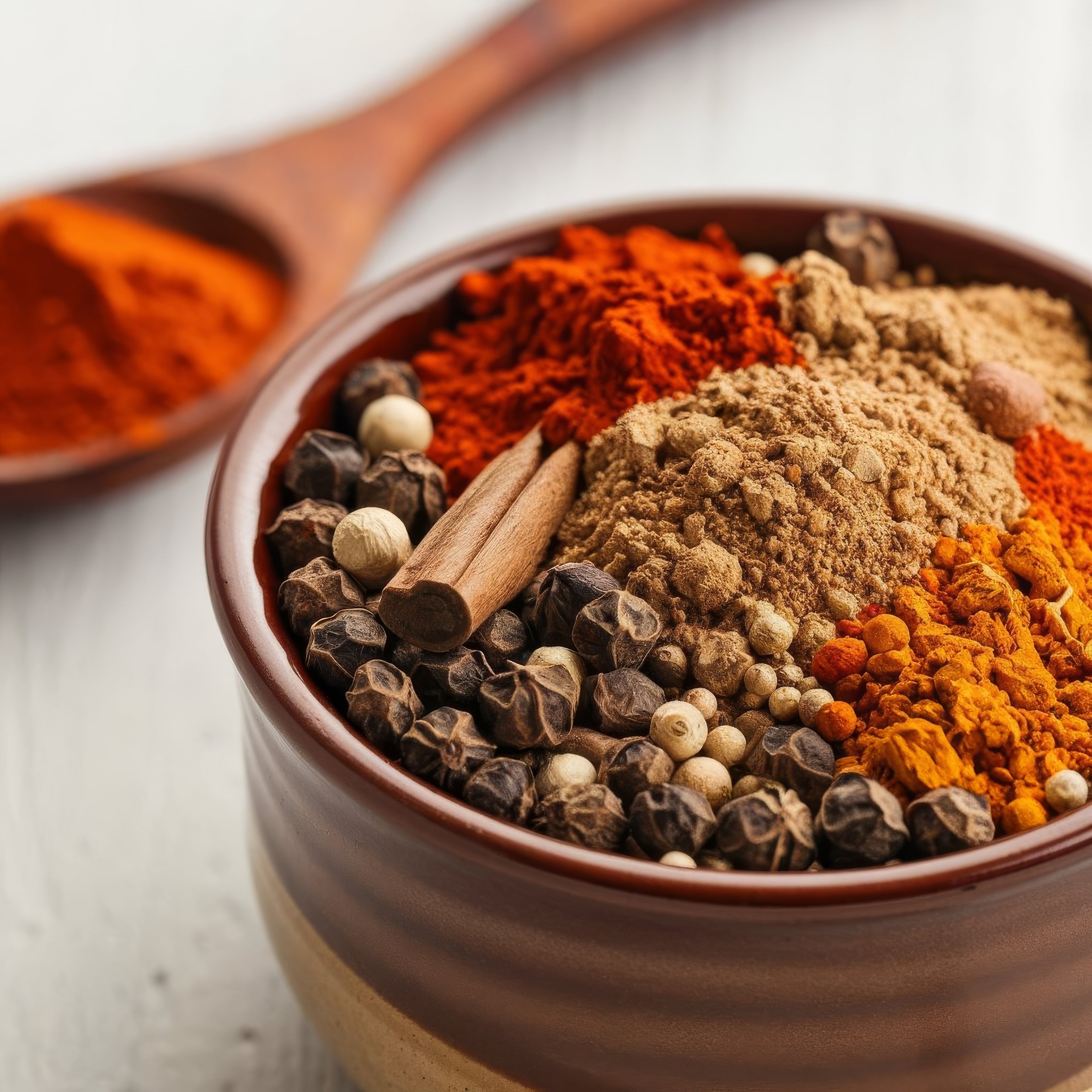 Mélange d'épices médicinales curcuma cannelle gingembre dans un bol, phytothérapie naturelle Oterrapy